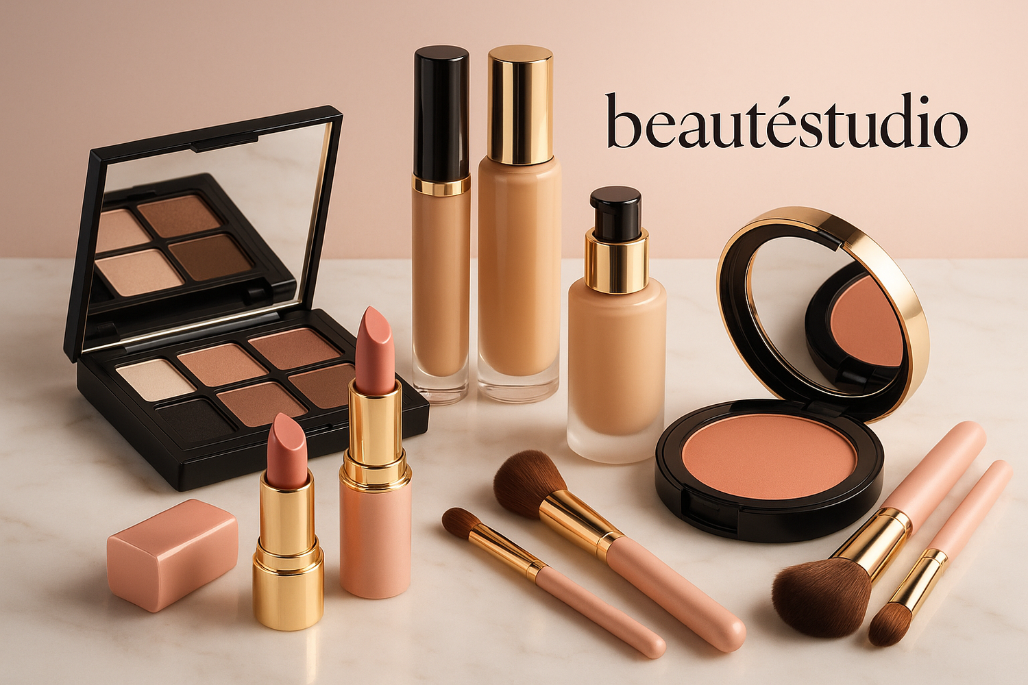 Generate me makeup products picture for my store homepage. And at the top right corner its logo beautèstudio 